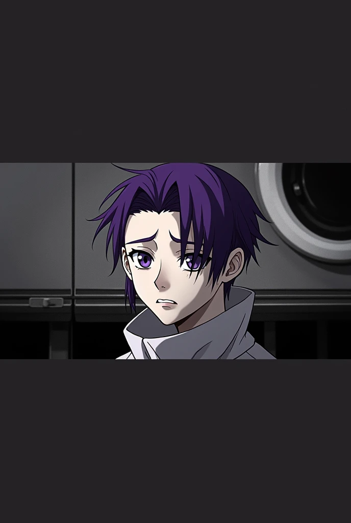 16K, Best quality, high quality, accurate, masterpiece, uhd, retina, textured skin, award winning, high details, anatomically correct, 1male, teenager boy, tired eyes, seriously loook, violet hair, violet eyes,