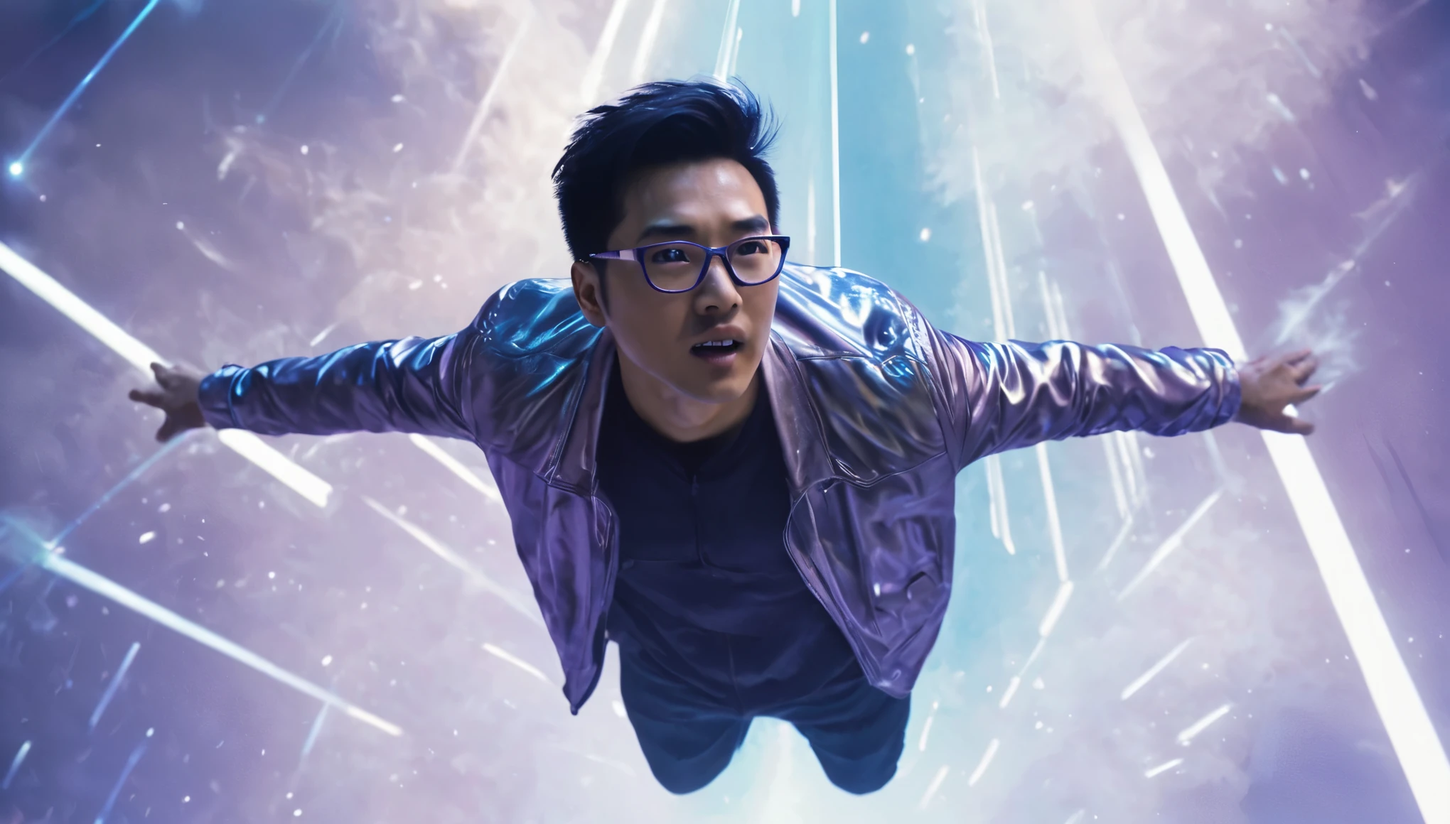 Realistic cinematic scene image of Asian man in silver Scifi jacket, wearing glasses, with some other people in the distance in a cool flying pose flying and looking up at the sky, a blue light beam from the sky in a dazzling streak of light from above to his face, cyberpunk city scene at night, LED billboards shining blue and purple light, hazy smoke, technological light rays surrounding the distance below
