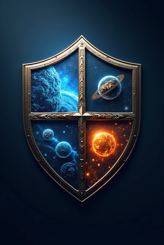 Science club logo, shield, with biology physics technology and astrology 3d, realistic logo, clear