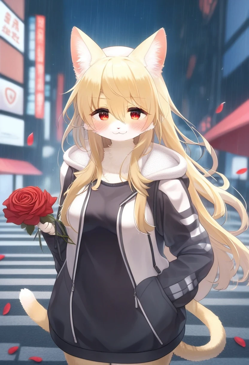 ((Masterpiece)), ((Best Quality)), (Very Detailed), ((Very Detailed)), 4K, (8K), very aesthetic, absurdres highres, 1 woman, (anthropomorphic cat, furry, kemono:1.5), umbrella, outdoors, holding, looking at viewer, car, holding umbrella, rain, solo, motor vehicle, long hair, red eyes, red flower, jacket, flower, hood, smile, closed mouth, blonde hair, black jacket, long sleeves, blush, hood down, street, open clothes, crosswalk, building, road, from side, open jacket, petals, breasts, standing, rose, red rose, medium breasts, looking to the side, city, hoodie, sweater, white sweater, hooded jacket, cowboy shot