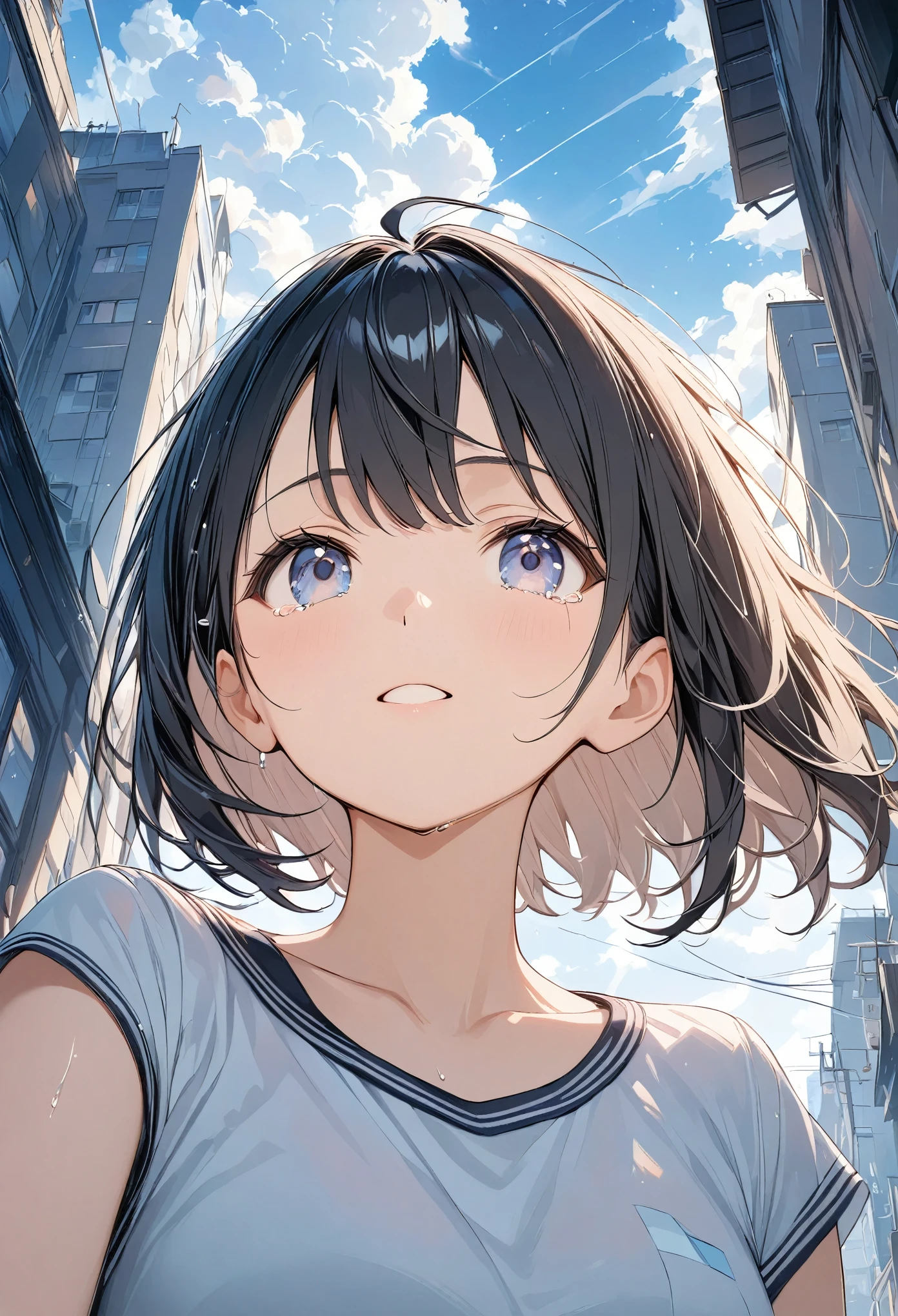 anime、((Amazingly absurd)),(masterpiece:1.2),超High resolution, Attention to detail, high quality, High resolution, 最high quality, 4K, 8k、Crying girl、A girl looking up at the sky and raising one hand to the sky、The sunshine shining through the dark clouds after a heavy rain、Hope is the theme、Composition looking up from below、short hair、Black Hair