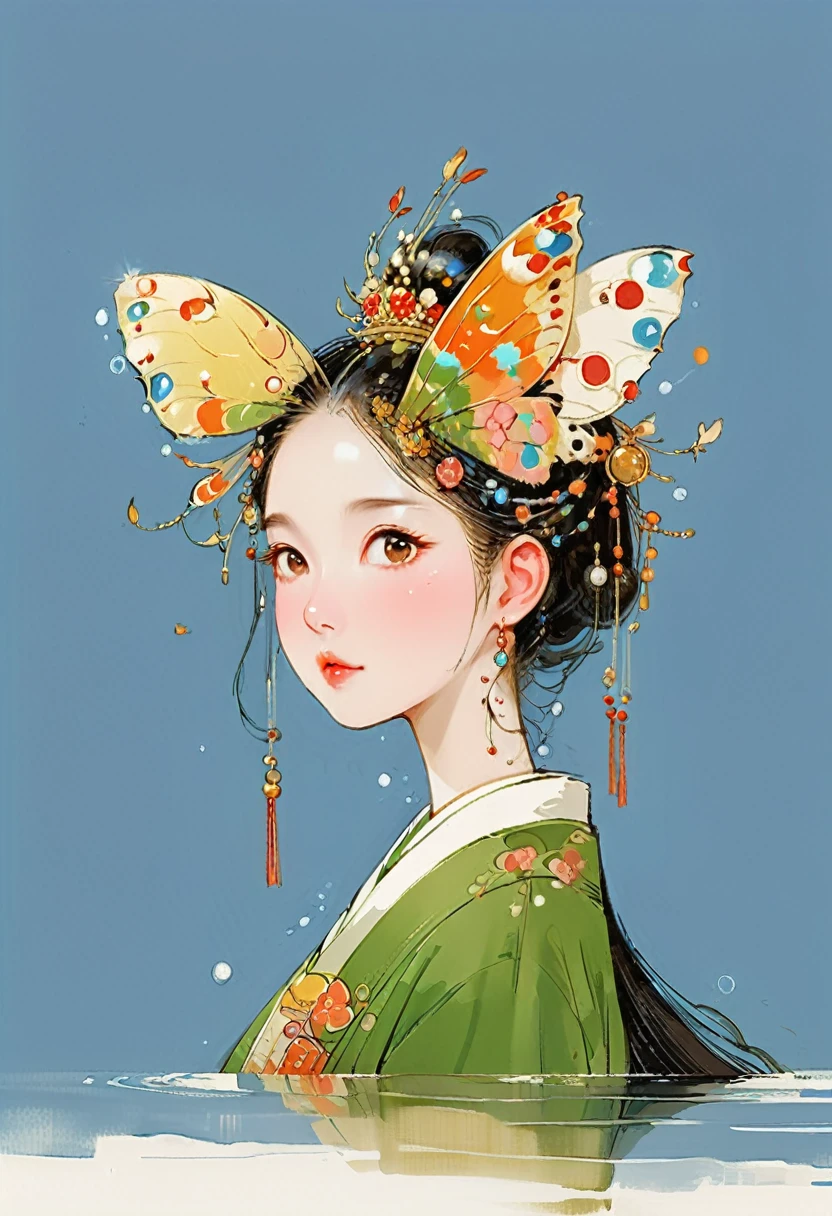 Vector illustration,Flat illustration,A young and beautiful Japanese anime girl,Looks like Liu Yifei,Watery eyes,Exquisite facial features,head gear,butterflys,Behind him there is a decorated moon, Light blue and pink, Vividly depict movement, Bell Stone, carefully designed, Margaret Brasingham, Light gold and orange,National style,illustration,Chinese style