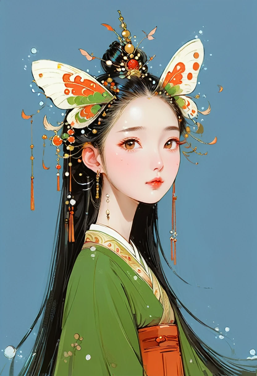 Vector illustration，Flat illustration，A young and beautiful Japanese anime girl，Looks like Liu Yifei，Watery eyes，Exquisite facial features，head gear，butterflys，Behind him there is a decorated moon， Light blue and pink, Vividly depict movement, Bell Stone, carefully designed, Margaret Brasingham, Light gold and orange，National style，illustration，Chinese style