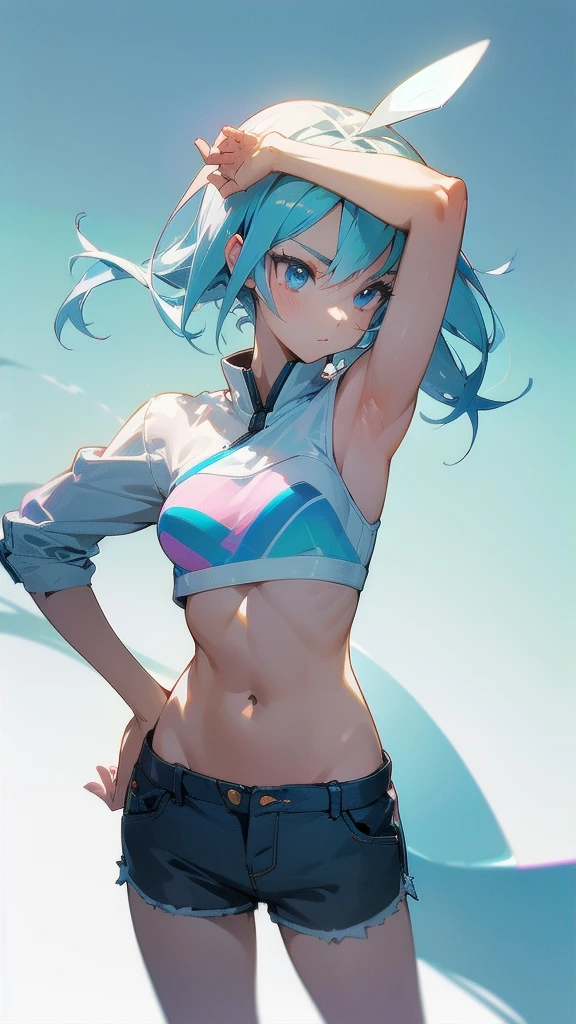 (Absurd), [standing, upper body, close-up of girl:0.4], slim body, perfect body, shorts, bra, gradient background, anime character, (cute girl:1.1), pose, looking away