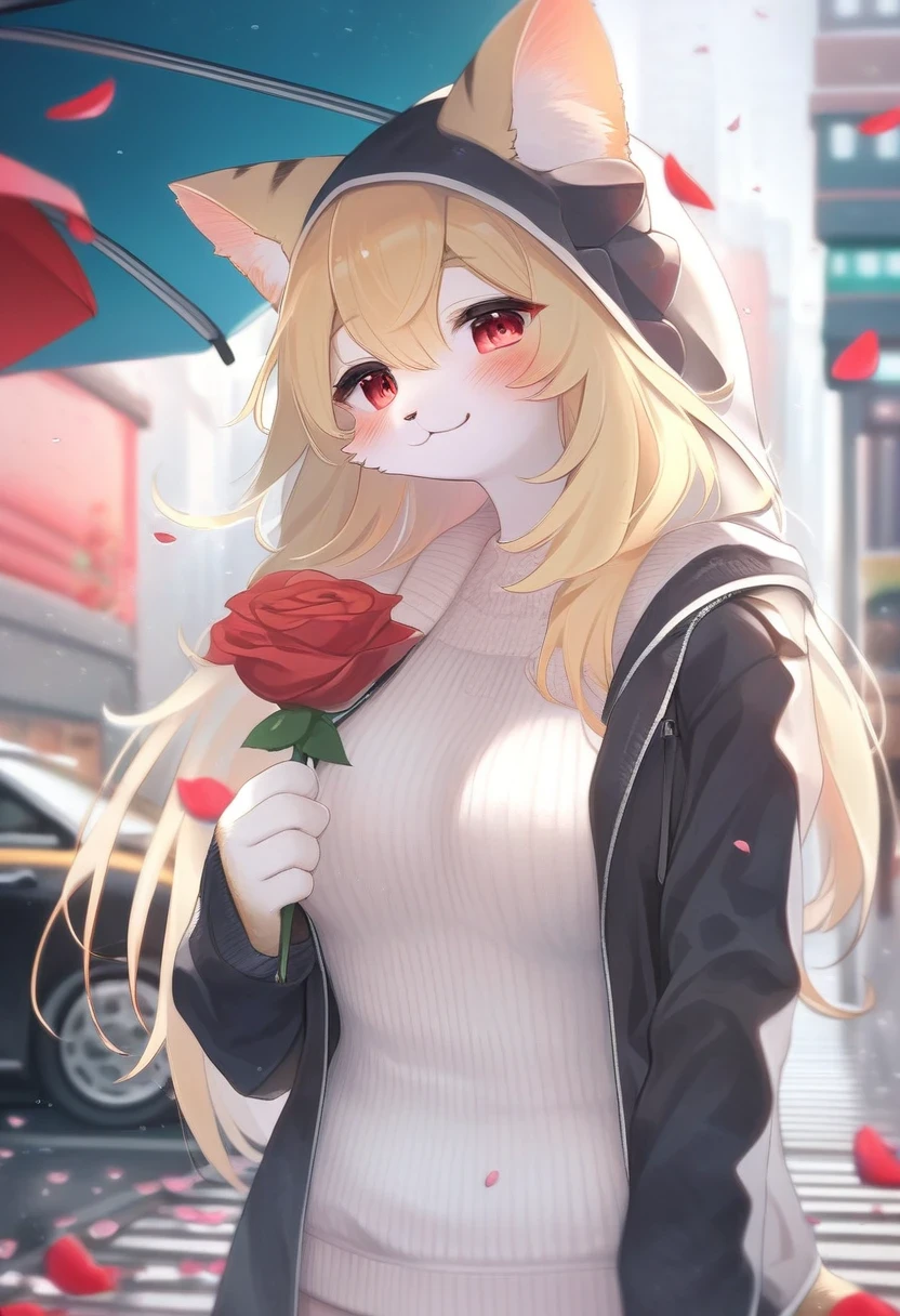 ((Masterpiece)), ((Best Quality)), (Very Detailed), ((Very Detailed)), 4K, (8K), very aesthetic, absurdres highres, 1 woman, (anthropomorphic cat, furry, kemono:1.5), umbrella, outdoors, holding, looking at viewer, car, holding umbrella, rain, solo, motor vehicle, long hair, red eyes, red flower, jacket, flower, hood, smile, closed mouth, blonde hair, black jacket, long sleeves, blush, hood down, street, open clothes, crosswalk, building, road, from side, open jacket, petals, breasts, standing, rose, red rose, medium breasts, looking to the side, city, hoodie, sweater, white sweater, hooded jacket, cowboy shot