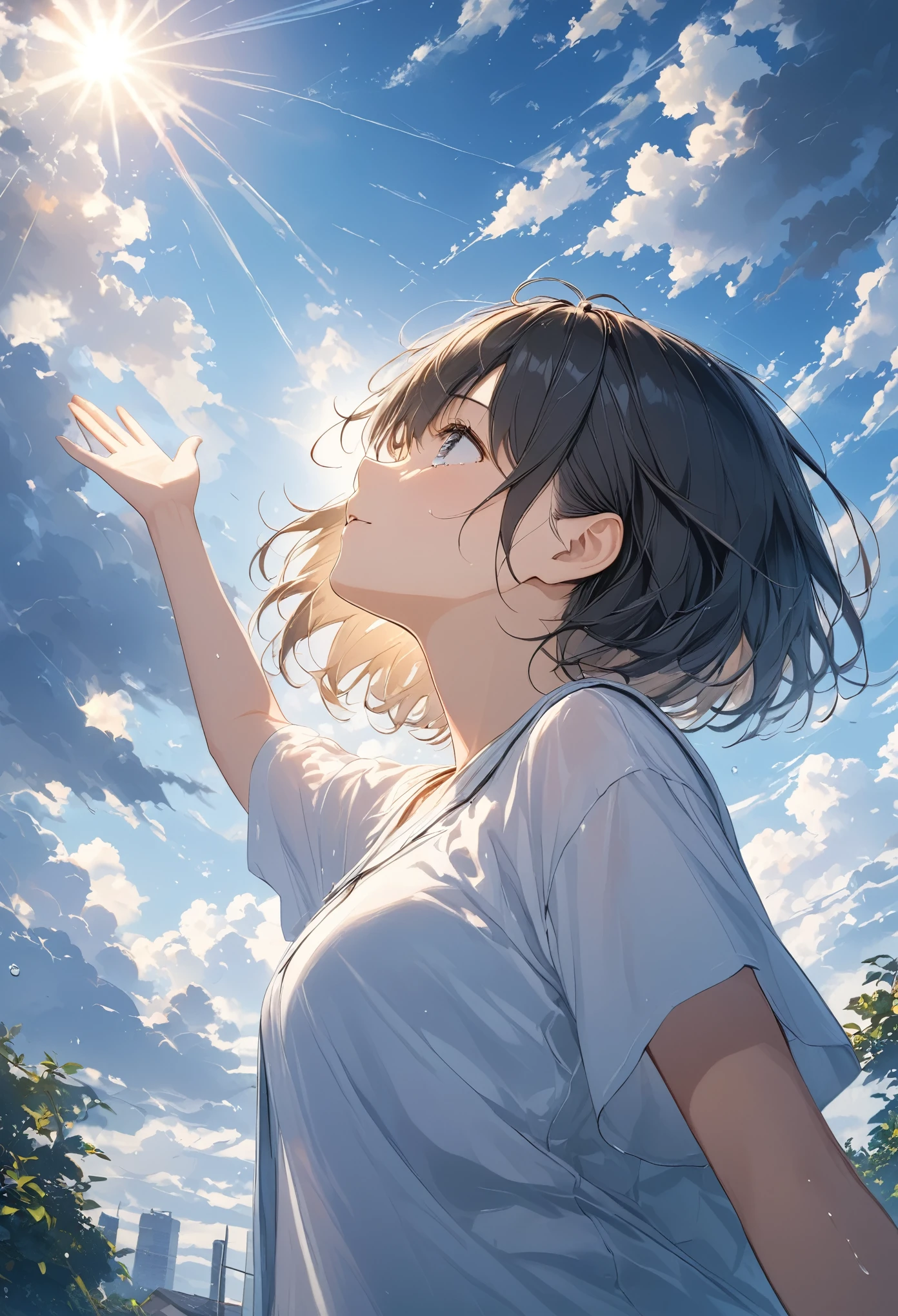 anime、((Amazingly absurd)),(masterpiece:1.2),超High resolution, Attention to detail, high quality, High resolution, 最high quality, 4K, 8k、Crying girl、A girl looking up at the sky and raising one hand to the sky、The sunshine shining through the dark clouds after a heavy rain、Hope is the theme、Composition looking up from below、short hair、Black Hair