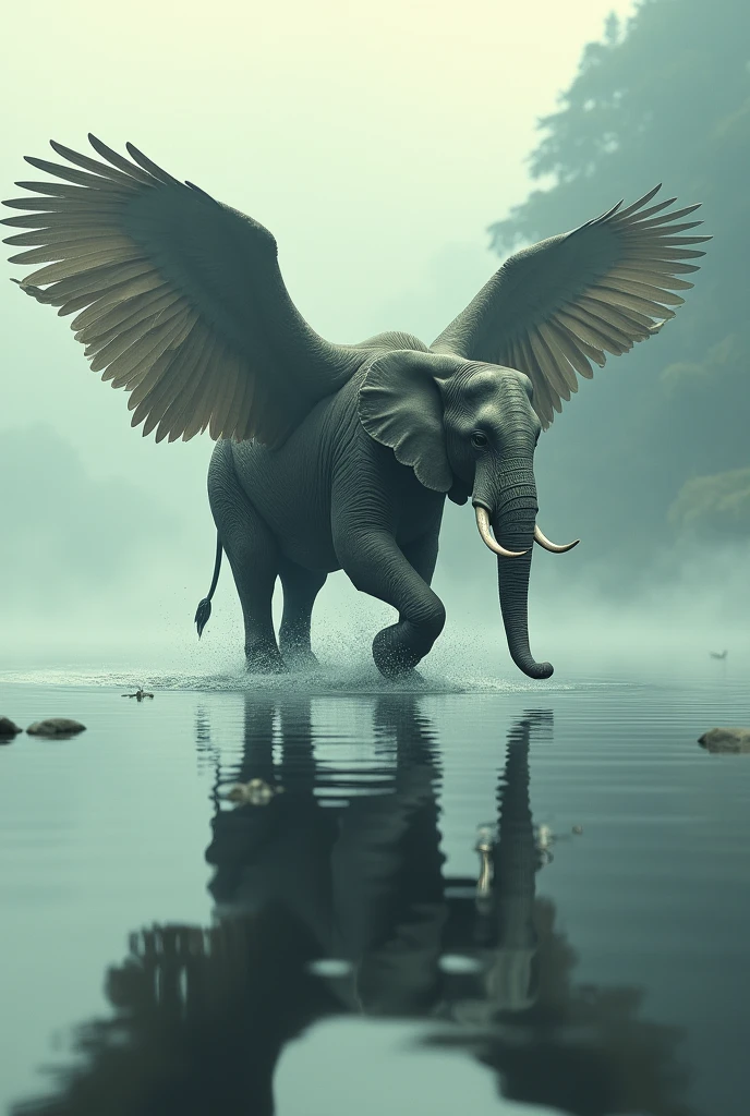 Elephant with wings walking on water