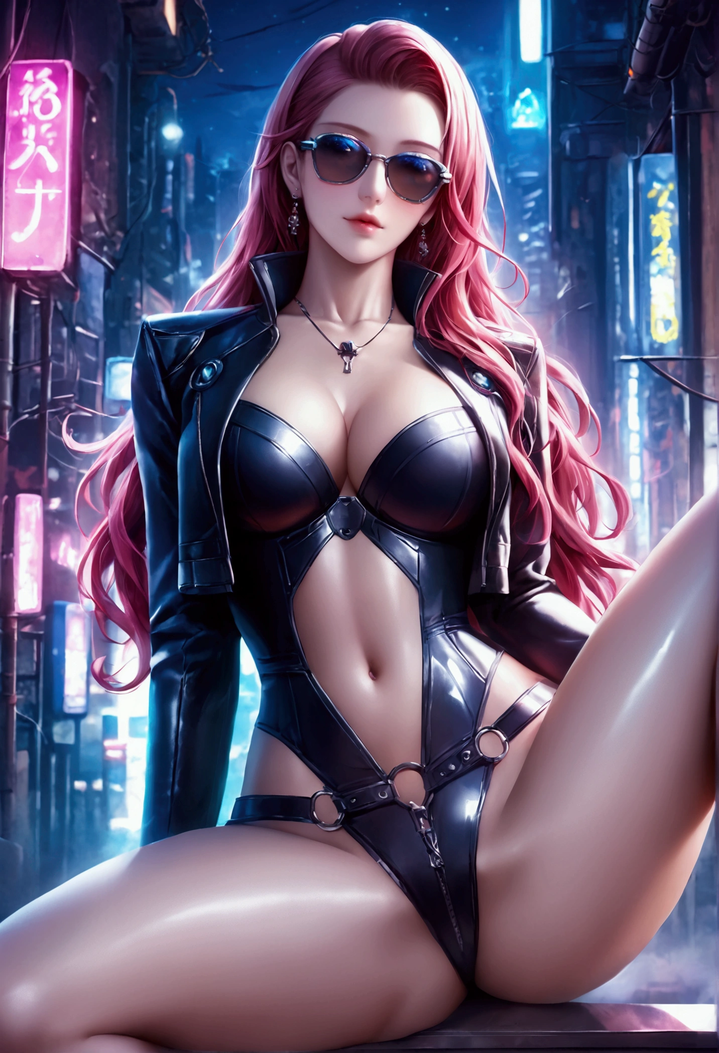((Highly detailed anime art)),Girl with legs spread,Cyberpunk City,Night view,Woman wearing a leather jacket,hot pants,Showing off your crotch,Long Hair,Inner Color,sunglasses,Neon Light,Detailed description of the costume,Shiny clothes,((masterpiece, Highest quality, Extremely detailed CG, unity 8k wallpaper )),(masterpiece, Highest quality, Highest quality, Official Art, beautiful),Very vivid,High-precision images,Ultra-high resolution,Great art,Poster Art,Impressive photos,Impressive art,beautiful顔,Perfect Face