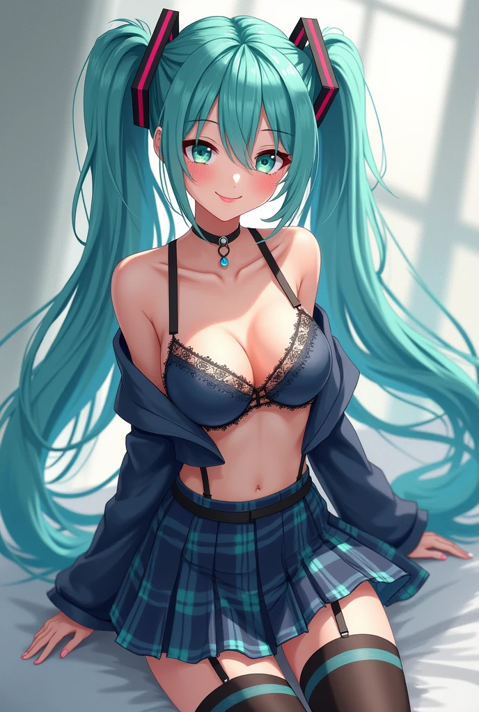 1girl, solo, long hair, smile, skirt, thighhighs, twintails, underwear, boots, black hair, belt, nail polish, bra, aqua eyes, aqua hair, garter straps, knee boots, lace, garter belt, striped panties in navy skirt in plaid skirt,