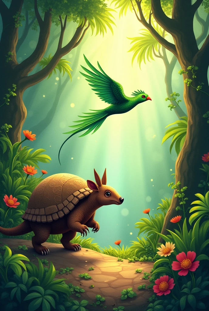 Create a book cover ,where the protagonists are a brown armadillo walking and a green quetzal flying ,who are walking along a path in a jungle, uses a semi-realistic style,Fantastic,cartoon