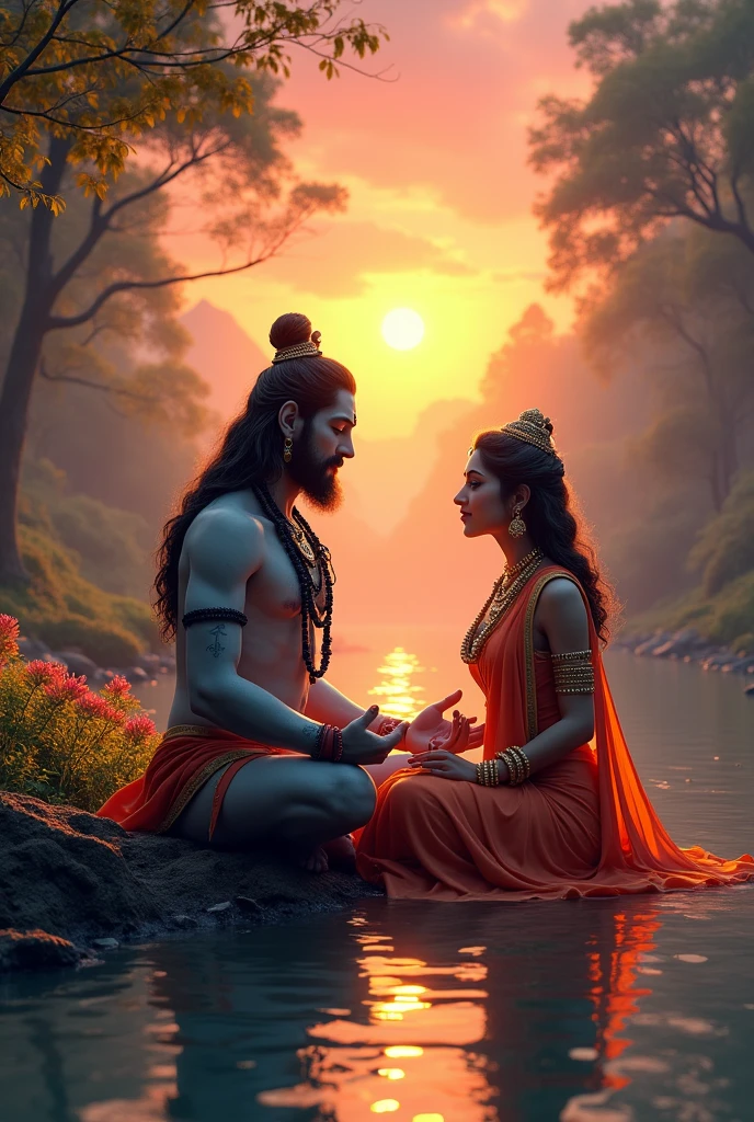 Lord Shiva and Parvati sit in River bank in sunset with beautiful clothes 