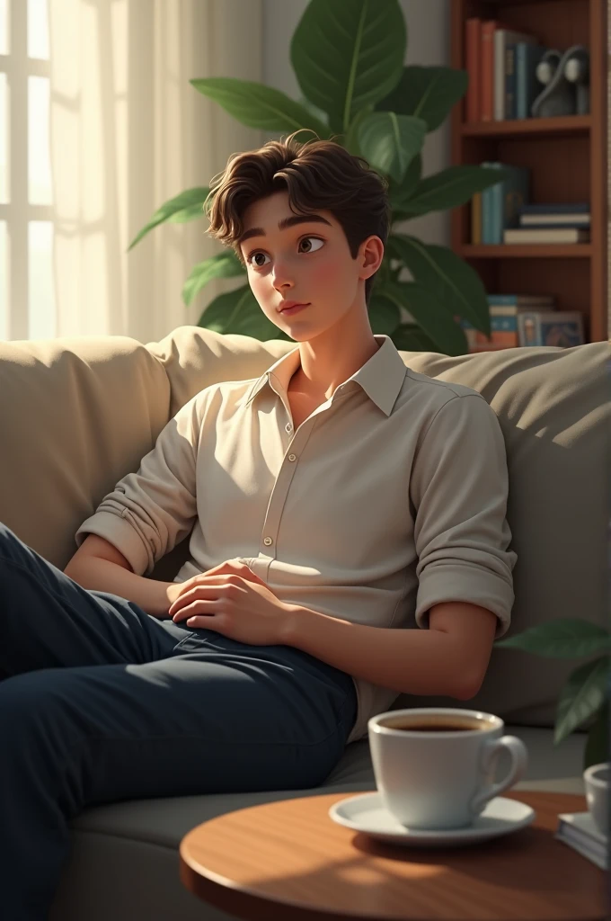 An adult boy sitting on sofa AI