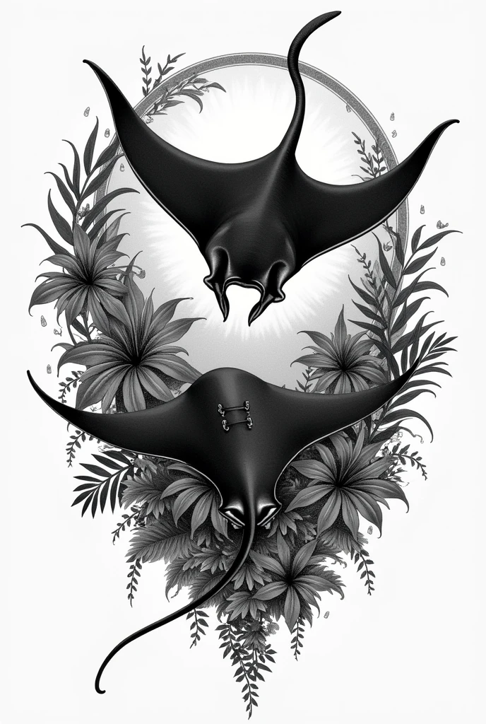 A t-shirt design of Two Manta ray
Black and white image. 
The design must come with Indonesia Bali theme 