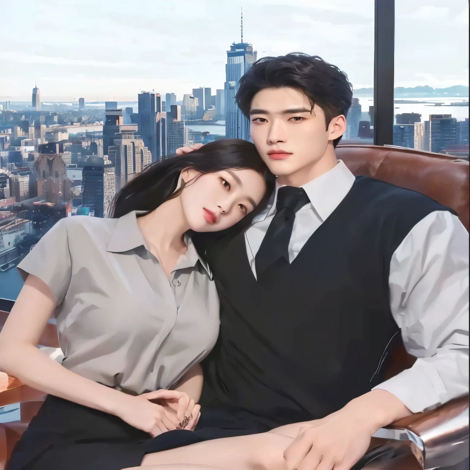 There are men and women sitting on chairs in front of the city., (NRF) safe for work, In the art form of the pond, Inspiration from Yan Juncheng, High quality fan art, Realistic art style, Inspiration from Zhang Han, Manhwa, Inspiration from Wang Khu, แรงบันดาลใจจาก Victor Wang, Inspiration from Kim Deuksin