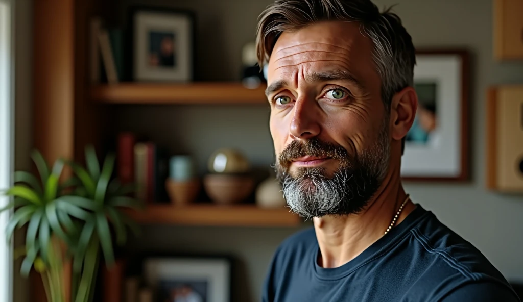 An ultra-realistic portrait of a man in his 40s. He has brown hair, a neatly trimmed beard and green eyes that reflect determination and curiosity. His face is well defined and his expression suggests concentration. He is wearing a dark blue casual shirt. The man is in a home office, surrounded by bookshelves and family photos. He is standing sideways to the camera and facing a wall looking at a built-in safe and a board removed next to it. The environment should be visible, but blurred so as not to distract from the main subject. The lighting should be soft and diffused, with a warm light coming from above, creating subtle shadows that accentuate the man's expression of concentration. The light should highlight the green eyes and the texture of the skin, emphasizing the seriousness of the situation. The image should convey a sense of determination and curiosity, with a touch of mystery. Suggest a warm color palette, such as browns and golds, that complements the warm atmosphere of the office. The photo should be of high quality, with 8k rendering and extreme detail, maintaining the desired atmosphere and capturing the emotional essence of the moment.