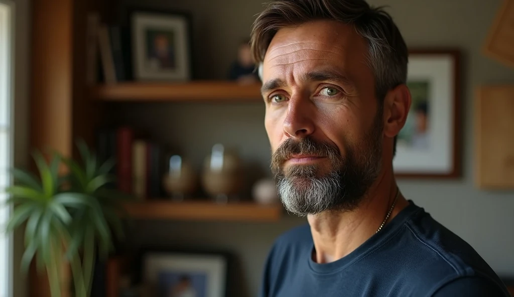 An ultra-realistic portrait of a man in his 40s. He has brown hair, a neatly trimmed beard and green eyes that reflect determination and curiosity. His face is well defined and his expression suggests concentration. He is wearing a dark blue casual shirt. The man is in a home office, surrounded by bookshelves and family photos. He is standing sideways to the camera and facing a wall looking at a built-in safe and a board removed next to it. The environment should be visible, but blurred so as not to distract from the main subject. The lighting should be soft and diffused, with a warm light coming from above, creating subtle shadows that accentuate the man's expression of concentration. The light should highlight the green eyes and the texture of the skin, emphasizing the seriousness of the situation. The image should convey a sense of determination and curiosity, with a touch of mystery. Suggest a warm color palette, such as browns and golds, that complements the warm atmosphere of the office. The photo should be of high quality, with 8k rendering and extreme detail, maintaining the desired atmosphere and capturing the emotional essence of the moment.
