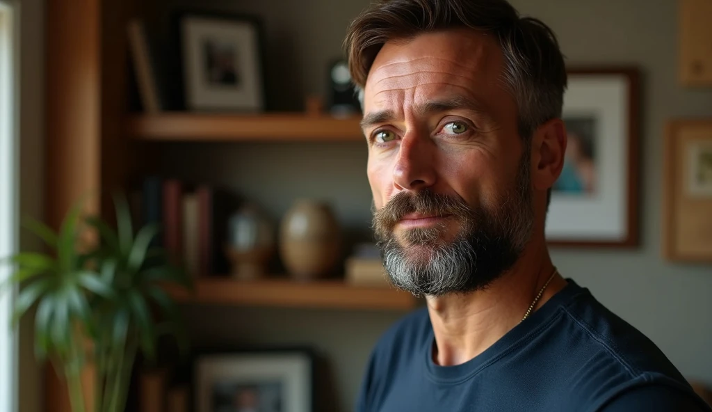 An ultra-realistic portrait of a man in his 40s. He has brown hair, a neatly trimmed beard and green eyes that reflect determination and curiosity. His face is well defined and his expression suggests concentration. He is wearing a dark blue casual shirt. The man is in a home office, surrounded by bookshelves and family photos. He is standing sideways to the camera and facing a wall looking at a built-in safe and a board removed next to it. The environment should be visible, but blurred so as not to distract from the main subject. The lighting should be soft and diffused, with a warm light coming from above, creating subtle shadows that accentuate the man's expression of concentration. The light should highlight the green eyes and the texture of the skin, emphasizing the seriousness of the situation. The image should convey a sense of determination and curiosity, with a touch of mystery. Suggest a warm color palette, such as browns and golds, that complements the warm atmosphere of the office. The photo should be of high quality, with 8k rendering and extreme detail, maintaining the desired atmosphere and capturing the emotional essence of the moment.