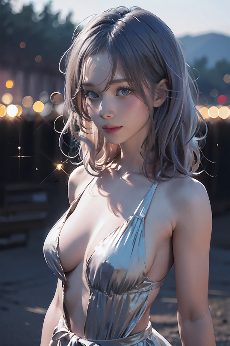 Highest quality, masterpiece, Ultra-high resolution, (Realistic:1.4), RAW Photos, Aesthetics and atmosphere, Dark Shot, Film Grain, Soft Focus, Bokeh, Night Shots, masterpiece realistic volumetric light,,One girl, Purple eyes, Gray Hair, Curly Hair, Grin, (freckles:0.8), thigh, Medium chest, Upper Body, (Sparkling:1.3) Sequined Mini CNS Dress, (panties),ray tracing reflection, Desert street, path, City lights, Beautiful sky, Relying on the wall, From the side,NSFW,Large Breasts, Small waist
