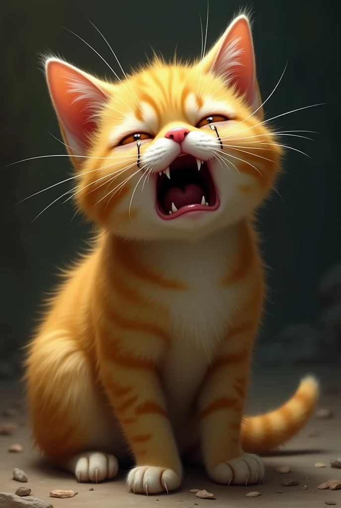 Very sad yellow cat crying