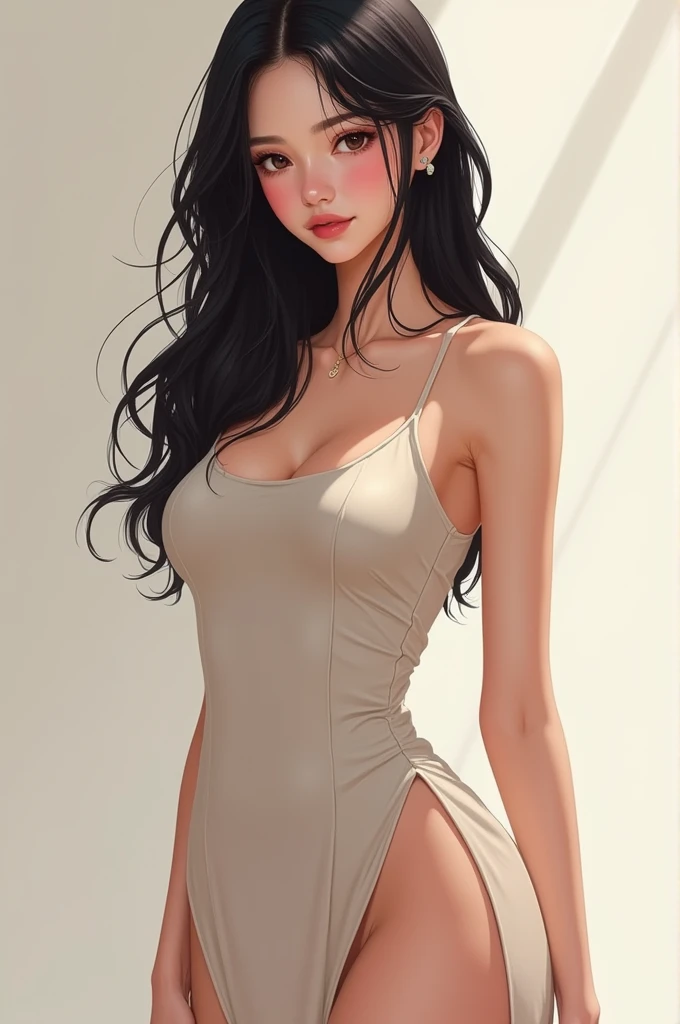 1 black haired big breasted beautiful girl , white short open chest dress , sütyensiz , beautiful legs and tights , white high heels , realistic appearance