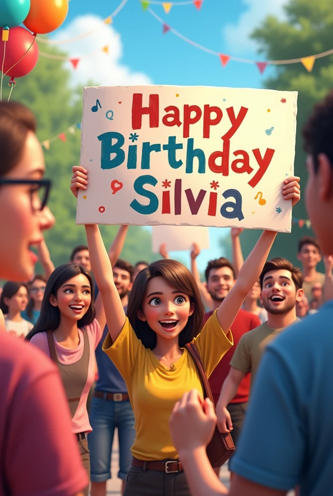 A demonstration of people with signs saying Happy Birthday Silvia 