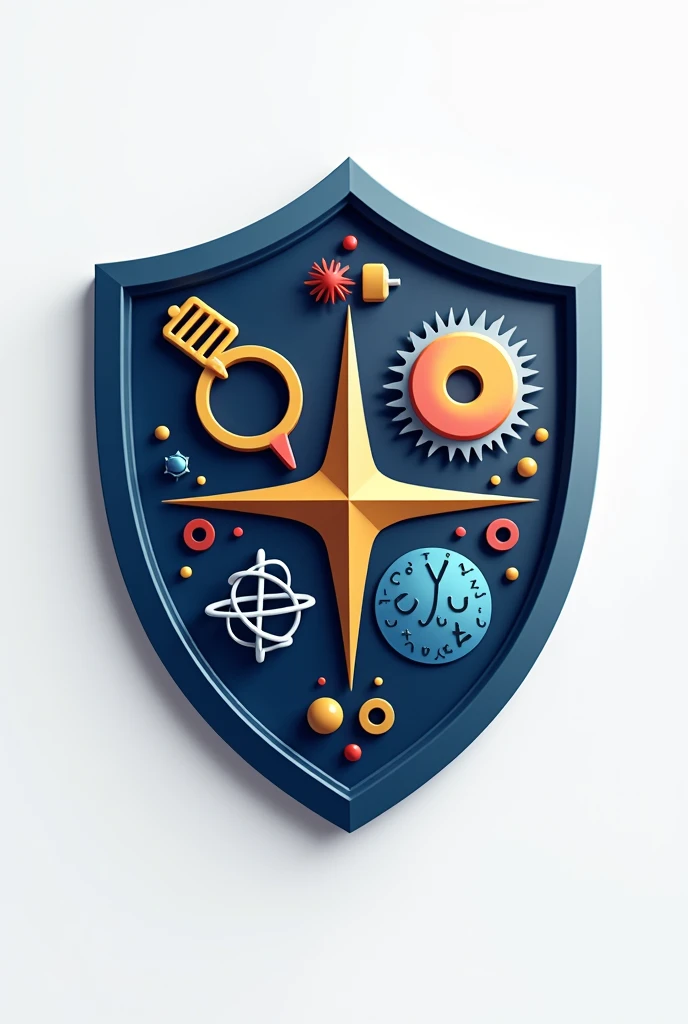 Science club logo, shield, with biology physics technology and astrology 3d logo, clear 