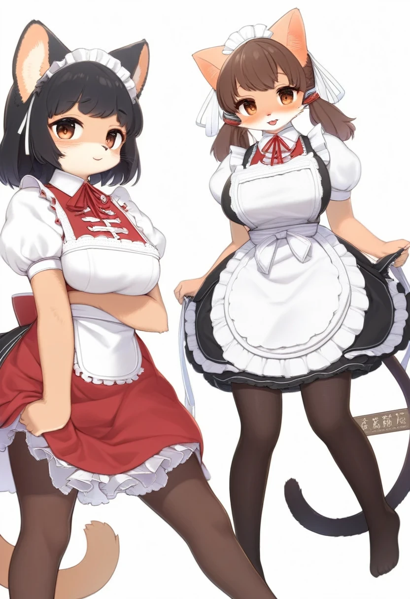 ((Masterpiece)), ((Best Quality)), (Very Detailed), ((Very Detailed)), 4K, (8K), very aesthetic, absurdres highres, 1 woman, (anthropomorphic cat, furry, kemono:1.5), solo, pantyhose, apron, dress, maid headdress, chinese clothes, short sleeves, looking at viewer, brown eyes, red dress, maid, simple background, white background, puffy sleeves, black hair, china dress, floral print, black pantyhose, standing, white apron, waist apron, breasts, puffy short sleeves, maid apron, frills, frilled apron, medium breasts, lips, sidelocks, tassel, feet out of frame, closed mouth, blunt bangs, brown hair