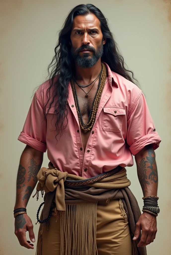 Muscular Native American Tribal Man with No Beard, with long hair and a plain pink button-down shirt. With tattoos and tribal accessories without facial hair. With more tribal accessories