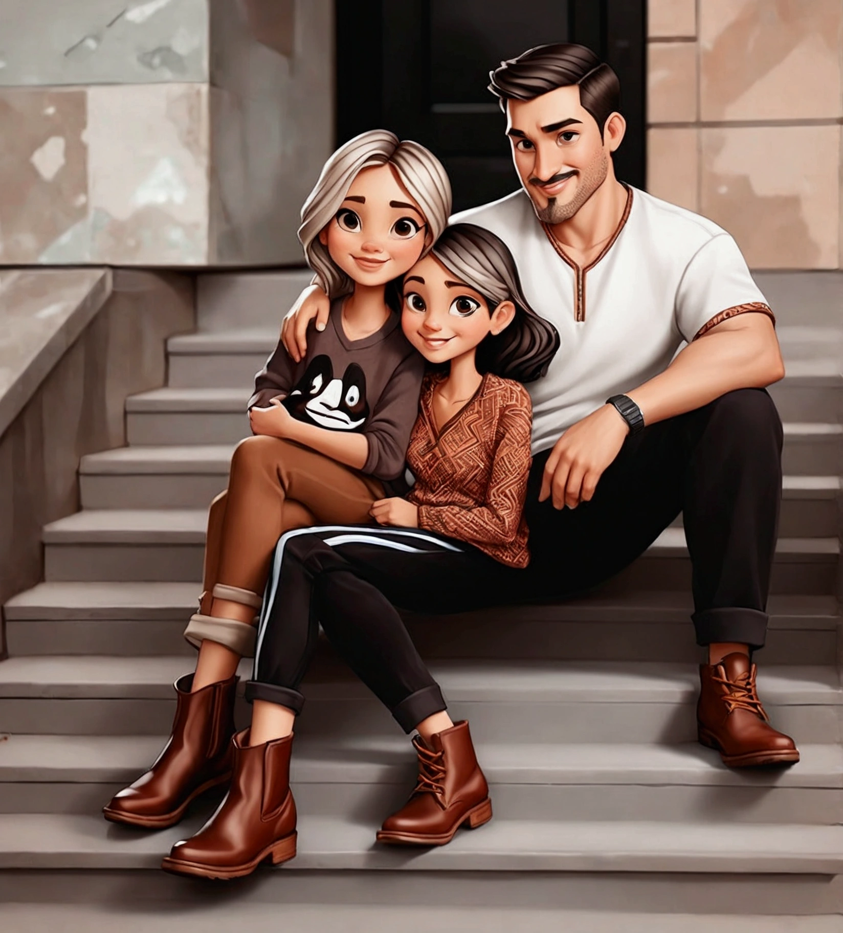 Cartoon One cute happy family together like a portrait. Which includes three people. There is the dad who is 30 years old, long straight black hair (make it in a bun), dark brown eyes, his characteristics reminds a native american, skin color is honey, and he will be wearing a navy blue t-shirt. There is the mom who is 2, has porcelain skin color, dark brown eyes, chest length curly dark brown hair, she will be wearing something casual but chic. And lastly there is the son, who is 3 months old and the dad and the mom will be holding him together for the portrait, the son has brown hair, dark brown eyes, ivory skin color. Make the portrait in a black background.
