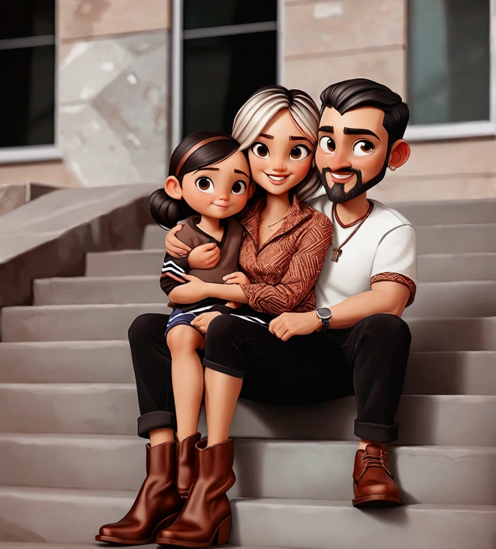 Cartoon One cute happy family together like a portrait. Which includes three people. There is the dad who is 30 years old, long straight black hair (make it in a bun), dark brown eyes, his characteristics reminds a native american, skin color is honey, and he will be wearing a navy blue t-shirt. There is the mom who is 2, has porcelain skin color, dark brown eyes, chest length curly dark brown hair, she will be wearing something casual but chic. And lastly there is the son, who is 3 months old and the dad and the mom will be holding him together for the portrait, the son has brown hair, dark brown eyes, ivory skin color. Make the portrait in a black background.