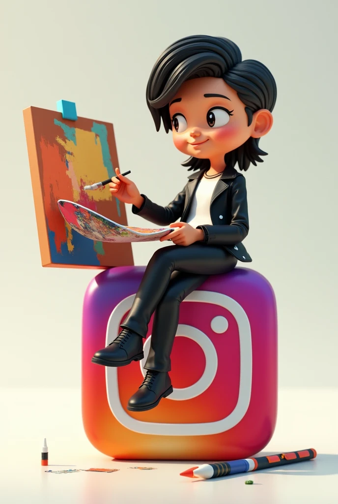 Create a 3D illustration of an animated mail Sketch Artist character sitting casually on top of a social media logo "Instagram" And creating a painting.increase the size of painting
The character must wear leather jacket and black formal pant.
Convert the hairstyle into "low tapper"