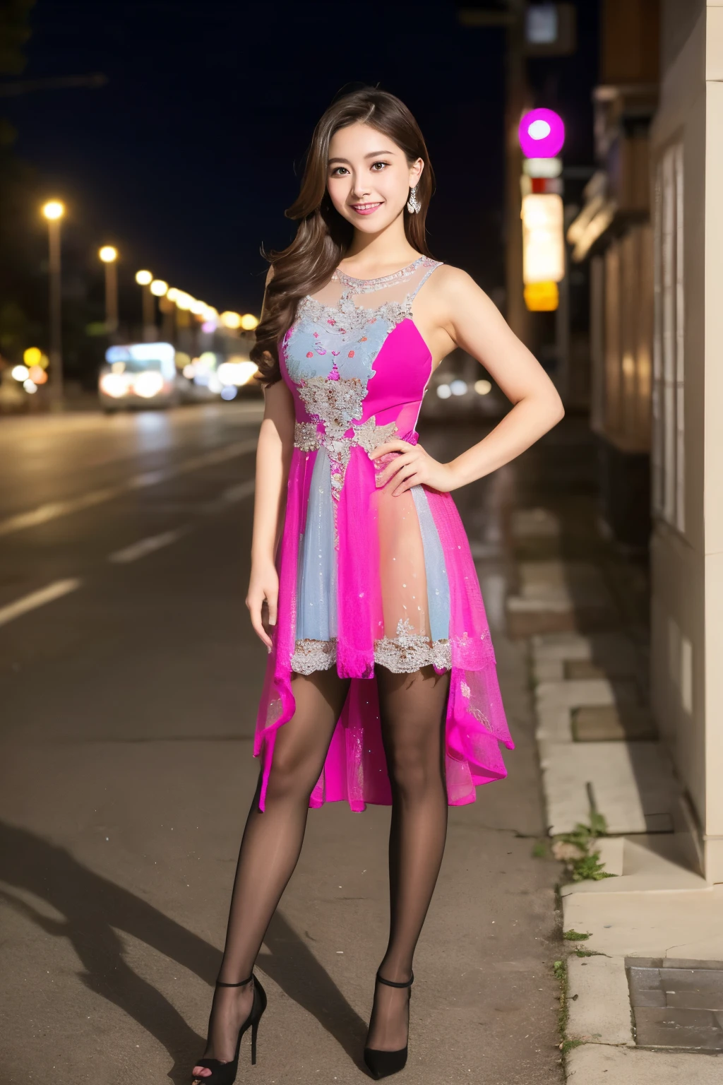 ulzzang-6500-v1.1, (RAW Photos:1.2), (Photorealistic), Beautiful detailed girl, (Genuine: 1.4), Very detailedな目と顔, Beautiful and fine details, (((Upper class girl in elegant formal dress of random colors:1.3)))、(Ultra-realistic pantyhose:1.2), (High heels:1.2), (I keep my hair short)、 (A very loving smile:1.2)、Large file size, High resolution, Very detailed, Highest quality, [masterpiece:1.6], Awareness-raising, Very detailed, Hmph, In detail, Highest quality, 8k wallpaper, Cinema Lighting, One Girl, , Perfect figure, Cute droopy eyes、Beautiful big eyes、 ((masterpiece)), Highest quality, One Girl, eye shadow, Upper Body, Portraiture, ((Full Body Shot:1.2))、