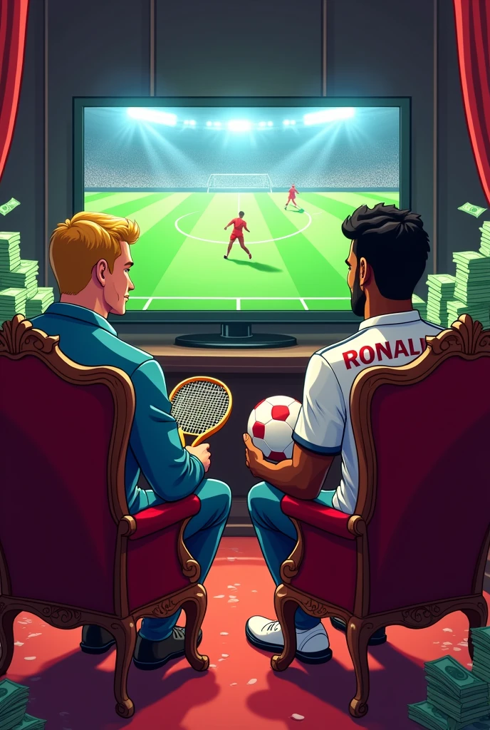 Créer une image pour le paris sportif . Il est censé y avoir deux homme sur la photo, un de race blanche et l autre de race noire. est' un porte une tenue de tennis et l autre porte une tenue de foot avec ecrit sur le maillot floqué RONALDO que dans le dos du maillot . Devrait-il porter une magnifique pièce d'argent. Dans la main gauche, il devrait avoir une raquette de tennis et l autre un ballon . sur l'image, vous devriez voir une tele avec du sport en arrière-plan , il devrait y avoir des liasses de billets partout dans la piece , il devrait y avoir des fauteuils de roi dont lequel sont assis les deux hommes rester, et le tout devrait être en dessin animé et bien mettre une personne de race blanche et l'autre de race noire. , La personne blanche est blonde sans barbe , les deux hommes sont vue de dos