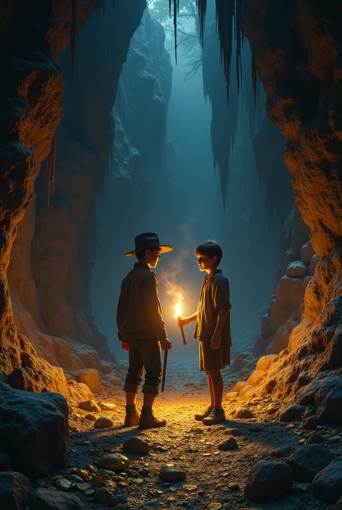 Scene Description:
Characters: Tom Sawyer and Huckleberry Finn, both teenagers, looking excited and slightly scared. Tom is in dark clothing and a hat, while Huck has his hair down and is wearing dirty clothes.
Spatial Positioning: They are standing deep inside a cave, their faces illuminated only by the light of a torch. Tom is holding the torch, lighting up piles of gold and jewels scattered on the ground.
Objects: Jewels, gold coins, and antique items lying among the rocks. The cave's vaults have high walls and rare stalactites.
Atmosphere: Mystical and thrilling, with a slight sense of tension. The dark, damp walls of the cave contrast with the flickering torchlight, creating dramatic illumination.