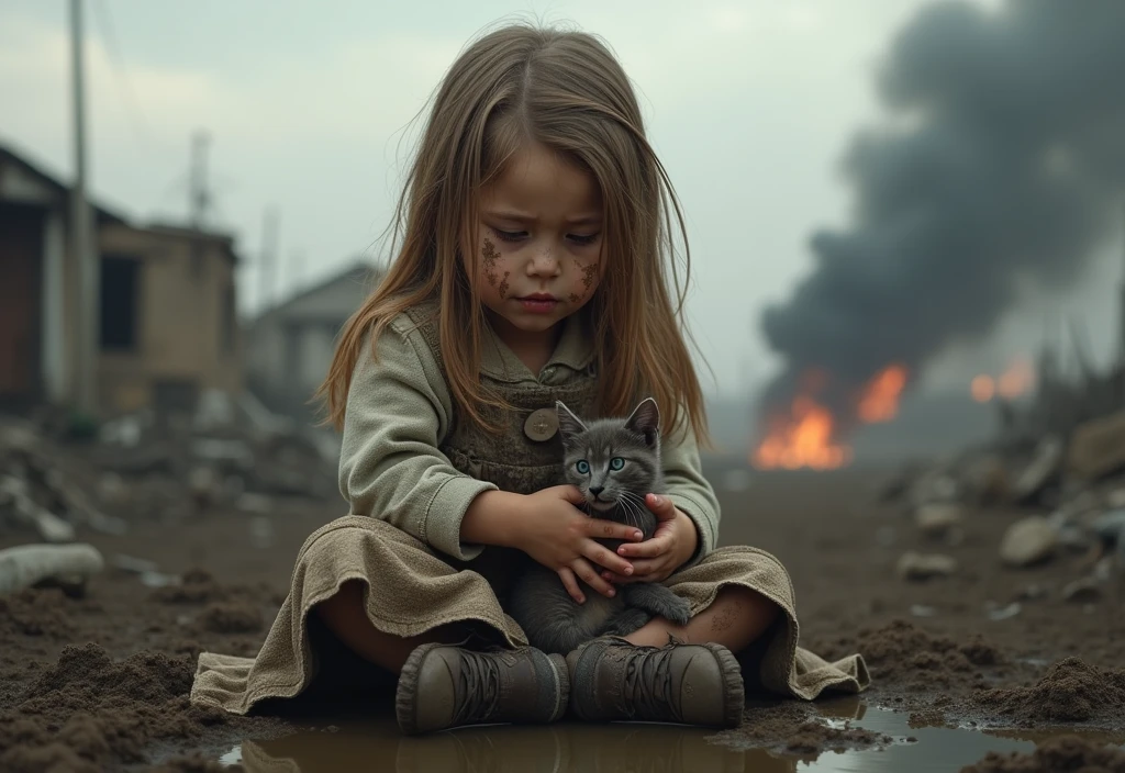 1 girl, solo, Realistic anatomy,
In the foreground is a little Ukrainian girl, kitten hugger, crying, mud-stained face, sits on his knees. In the background is a destroyed Ukrainian city, Blurred, smoke