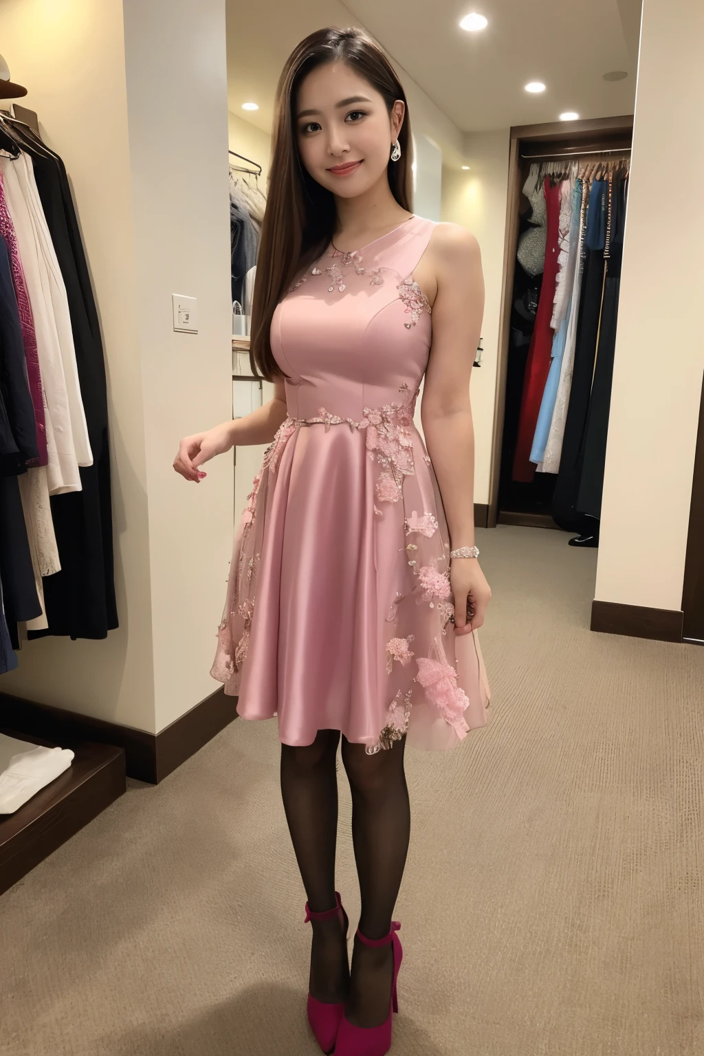 ulzzang-6500-v1.1, (RAW Photos:1.2), (Photorealistic), Beautiful detailed girl, (Genuine: 1.4), Very detailedな目と顔, Beautiful and fine details, (((Upper class girl in elegant formal dress of random colors:1.3)))、(Ultra-realistic pantyhose:1.2), (High heels:1.2), (I keep my hair short)、 (A very loving smile:1.2)、Large file size, High resolution, Very detailed, Highest quality, [masterpiece:1.6], Awareness-raising, Very detailed, Hmph, In detail, Highest quality, 8k wallpaper, Cinema Lighting, One Girl, , Perfect figure, Cute droopy eyes、Beautiful big eyes、 ((masterpiece)), Highest quality, One Girl, eye shadow, Upper Body, Portraiture, ((Full Body Shot:1.14))、