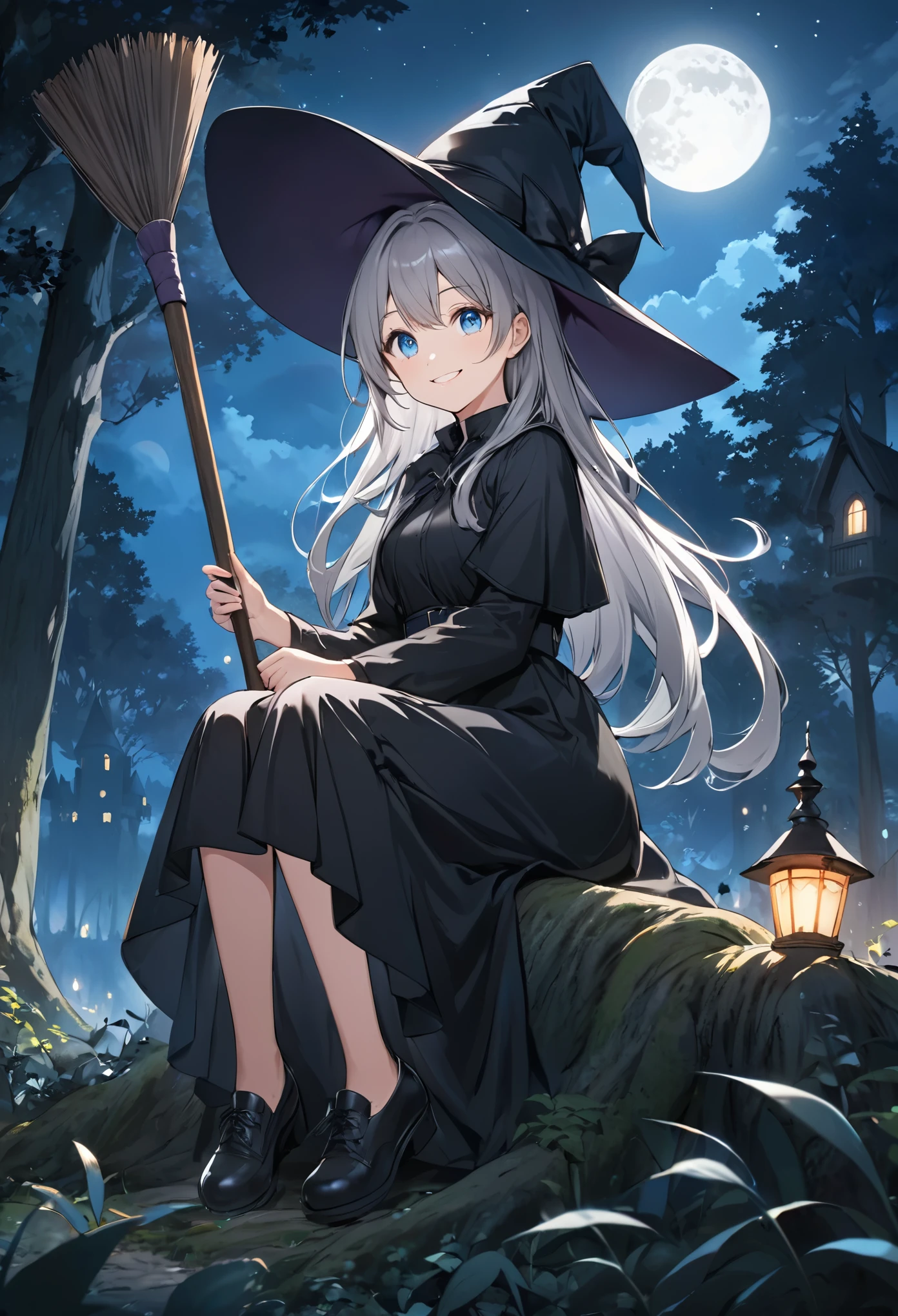 Anime girl with grey hair and black clothes holding a broom and in a forest next to a castle at night, alone girl, hat, solo, witch hat, blue eyes, moon, night, long hair, outdoor, sitting, tree, smiling, sky, full moon