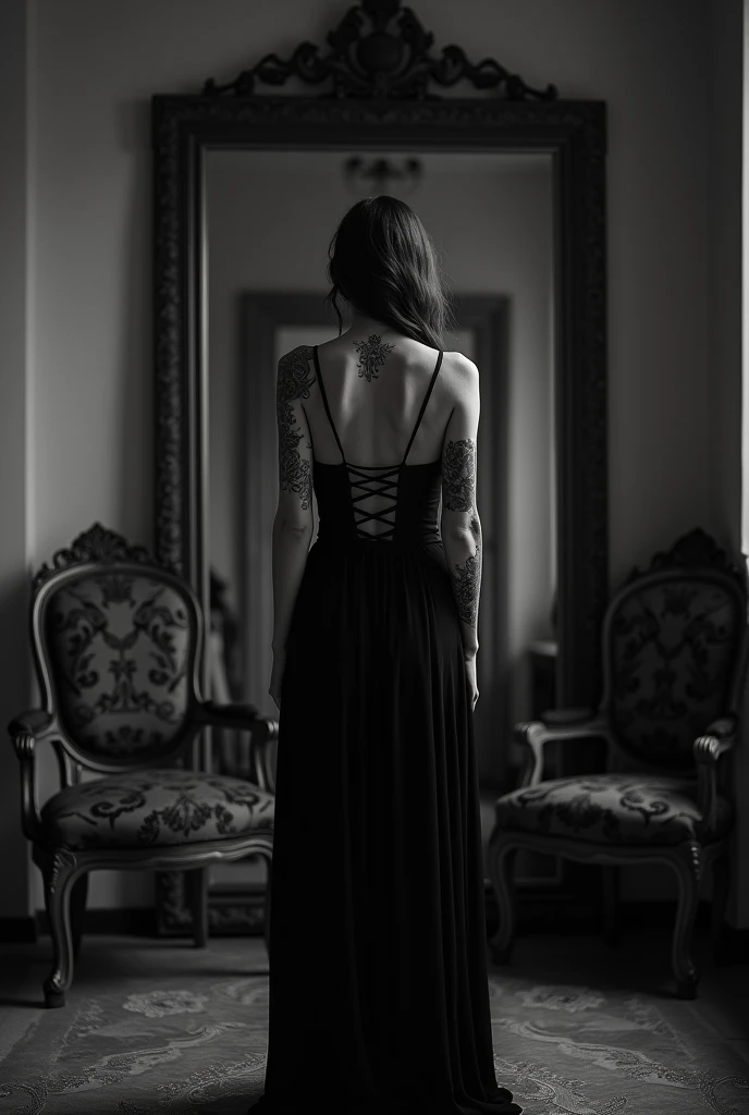 Black and white photograph featuring a woman standing with her back to the camera in a dimly lit, elegant room. She is wearing a with lace-up details, , and Her skin is light, and she has visible tattoos on her arms and back. The room has a vintage aesthetic with ornate furniture, including a chair and a large mirror reflecting the scene. The lighting is soft, creating a moody and sophisticated atmosphere. The overall composition is balanced, with the subject centered and framed by the mirror an