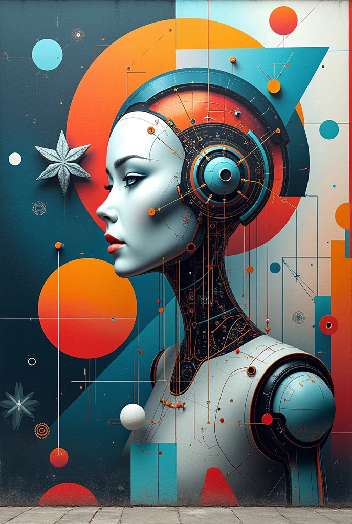 Generate an image that is easy to capture in a mural that involves mathematics, geometry, robotics and physics with one sentence