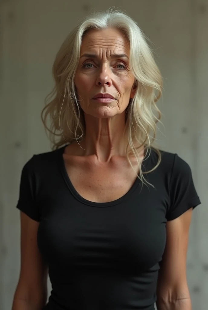 Thin blonde woman with wrinkles on her face, about 4. She has full breasts and wears a black top 