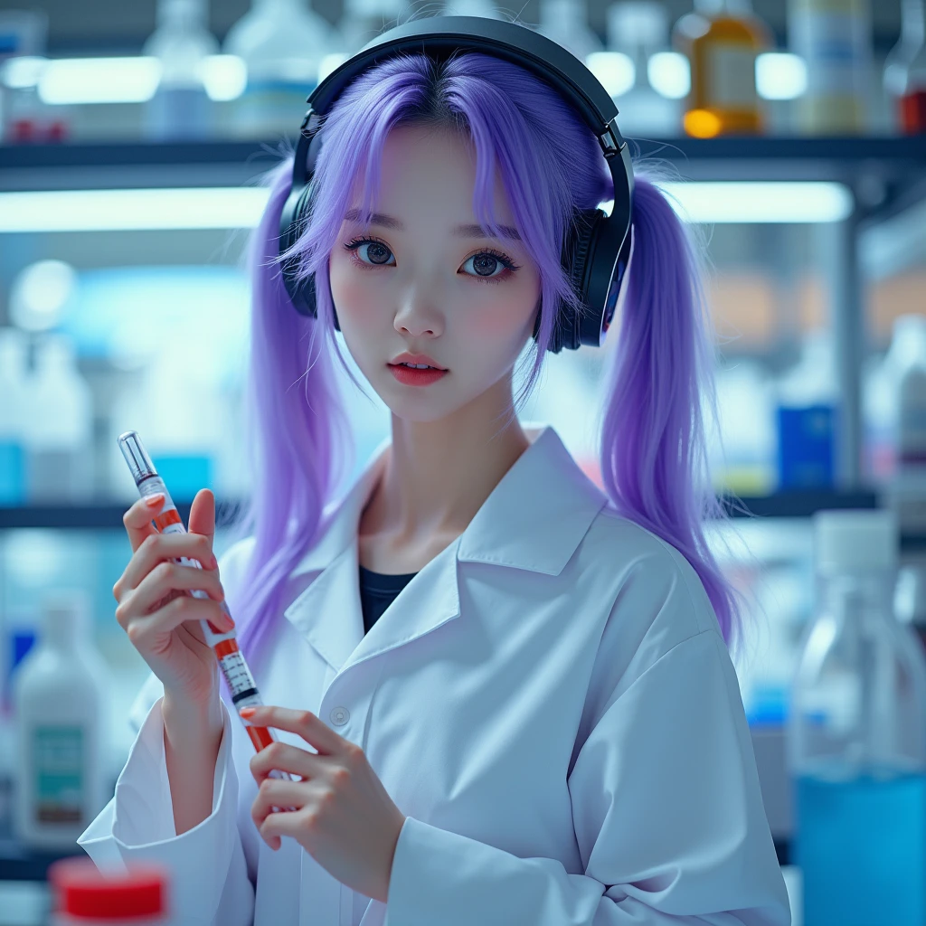 Korean purple hair butterfly woman with headphone scientist outfit with syringe full body perfect body and perfect face of pigtails long hair realistic photo laboratory singing in laboratory