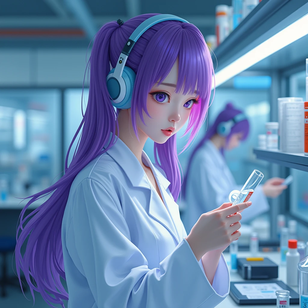 Korean purple hair butterfly woman with headphone scientist outfit with syringe full body perfect body and perfect face of pigtails long hair realistic photo laboratory singing in laboratory