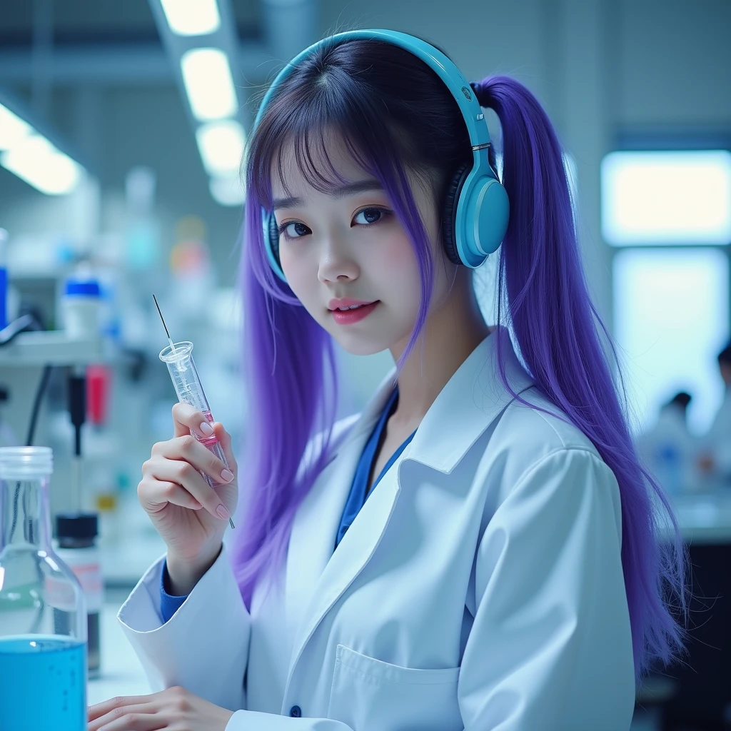 Korean purple hair butterfly woman with headphone scientist outfit with syringe full body perfect body and perfect face of pigtails long hair realistic photo laboratory singing in laboratory
