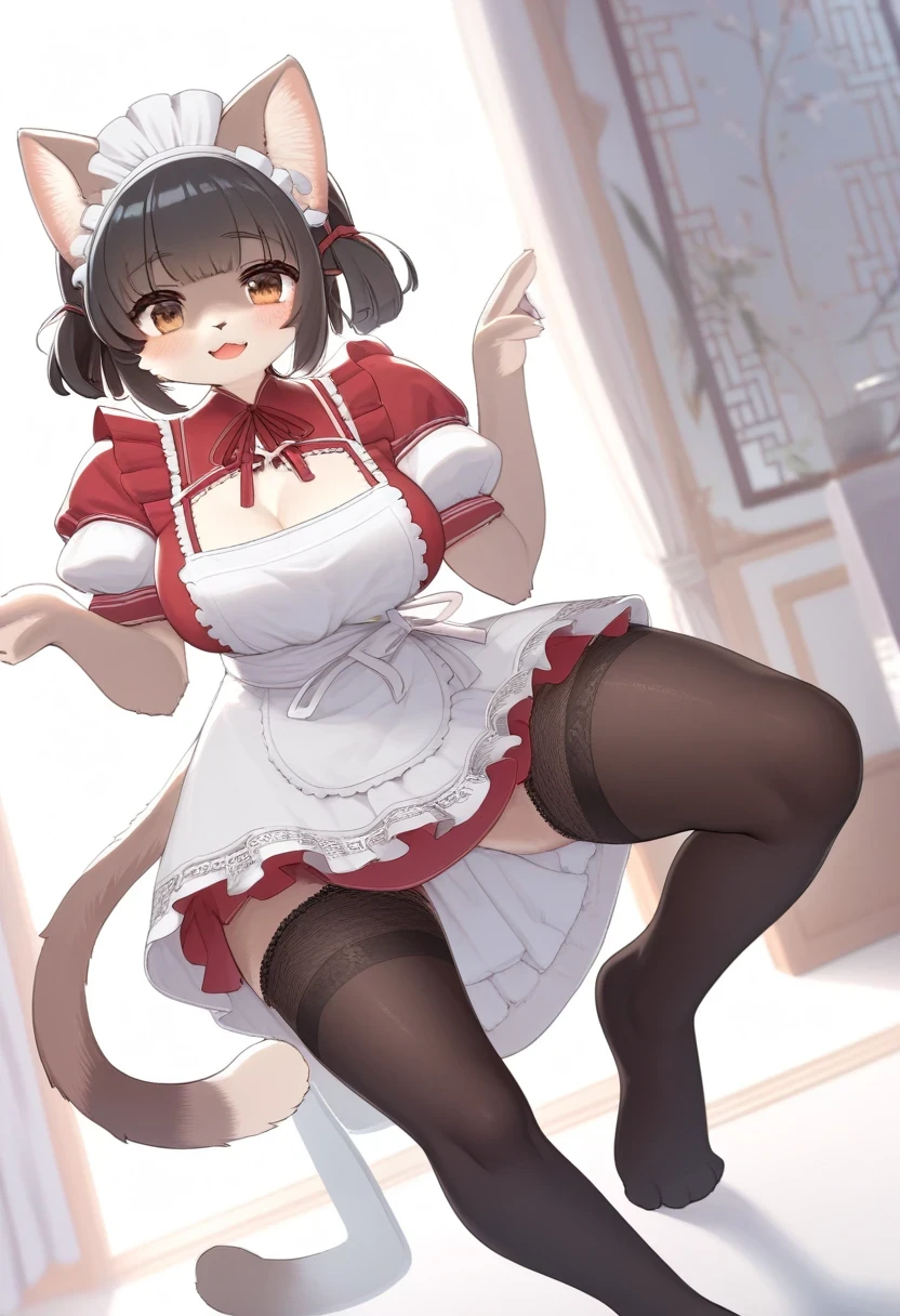 ((Masterpiece)), ((Best Quality)), (Very Detailed), ((Very Detailed)), 4K, (8K), very aesthetic, absurdres highres, 1 woman, (anthropomorphic cat, furry, kemono:1.5), solo, pantyhose, apron, dress, maid headdress, chinese clothes, short sleeves, looking at viewer, brown eyes, red dress, maid, simple background, white background, puffy sleeves, black hair, china dress, floral print, black pantyhose, standing, white apron, waist apron, breasts, puffy short sleeves, maid apron, frills, frilled apron, medium breasts, lips, sidelocks, tassel, feet out of frame, closed mouth, blunt bangs, brown hair
