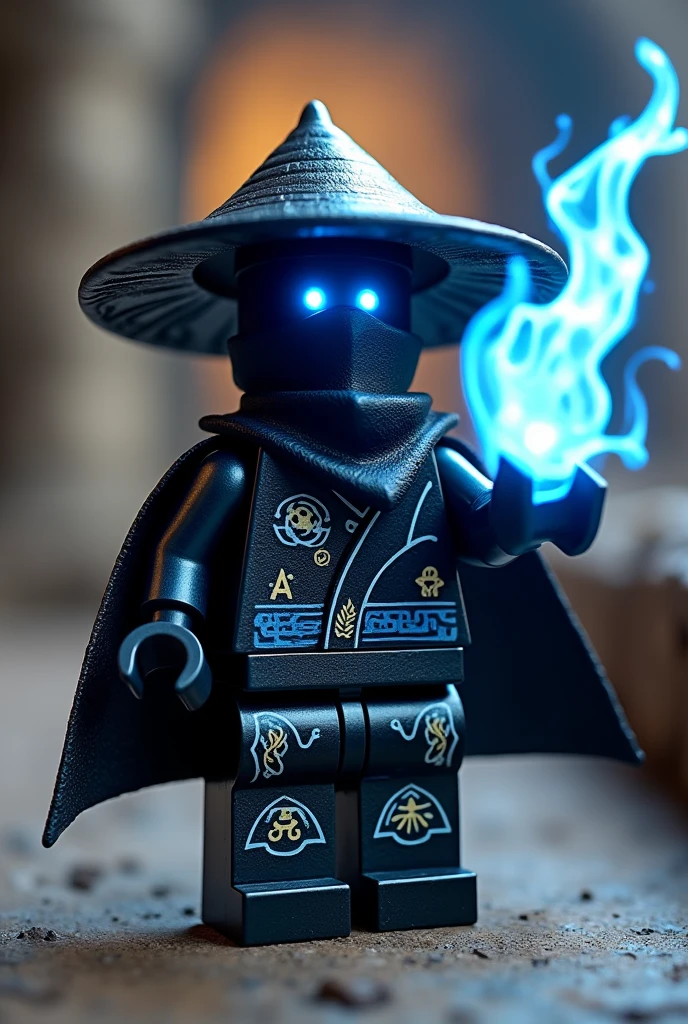 Créer moi un lego ninja go avec pas de muscles et ni de masque le premier maitre du spijisufuturiste de la dernière puissance fusionnaire et doit être en lego un ninja avec un chapeau de paille noir, avec un bandeaux noir cachant la bouche avec une cape noir derrière le dos sombre et avec une peau noir foncé noir sombre et un regard terrible avec des yeux en éclair bleu avec une puissance incroyable avec comme puissance élémentaire l’électrique, l’énergie, la terre, le feu, la glace. Les habits du ninja doit être tout noir avec des traces grise bleu foncé avec des reure en forme de force, d'électricité, de feu bleu ténèbres et des écritures japonaises et le parchemin antique du spinjisu interdit sacré le plus puissant en golden. Un ninja imbattable monstrueux beaucoup trop puissant qui contrôle tous les pouvoirs élémentaires. Le ninja doit être destructeur et soif de victoire un gentil et méchant avec un sabre et le parchemin du spinjisu interdit sur la mains avec des flammes noir dans le dos