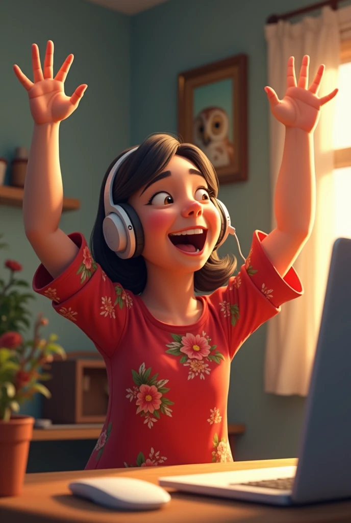 a girl works on a computer, a headset on her head, throws her hands up, laughs. Great mood. Red dress with flowers print. Home environment. In the background is a portrait of an owl