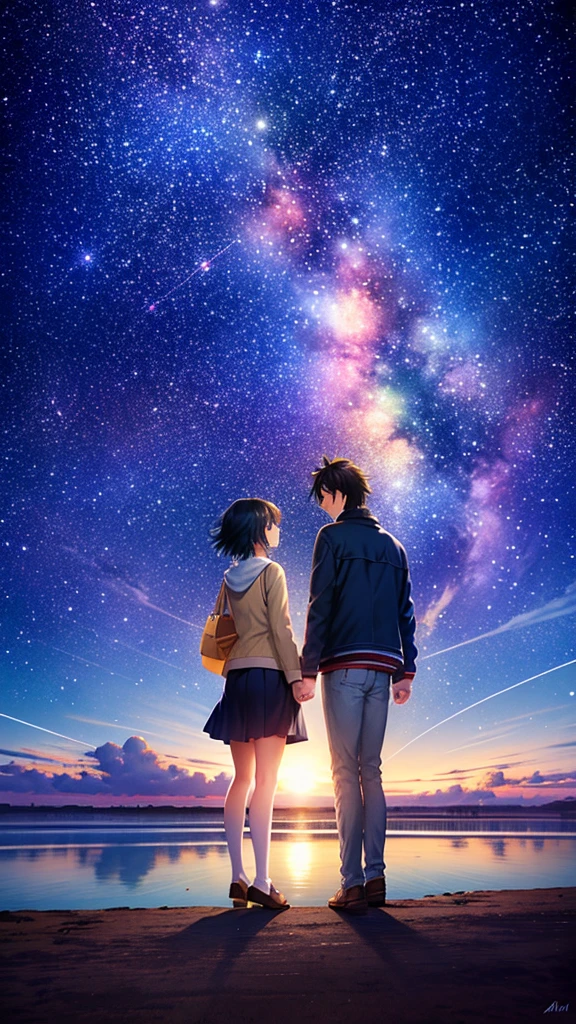 Anime couple looking at the stars in the sky, anime backgrounds, sakimichan and makoto shinkai, 4k manga wallpapers, Guweiz e Makoto Shinkai, 4K anime wallpaper, Anime background art, ( ( Makoto Shinkai ) ), Anime Sky, anime movie backgrounds, Fiona Staples e Makoto Shinkai, Anime wallpaper 4K
