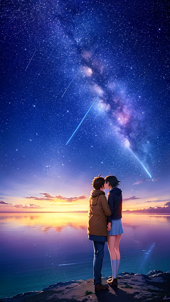 Anime couple looking at the stars in the sky, anime backgrounds, sakimichan and makoto shinkai, 4k manga wallpapers, Guweiz e Makoto Shinkai, 4K anime wallpaper, Anime background art, ( ( Makoto Shinkai ) ), Anime Sky, anime movie backgrounds, Fiona Staples e Makoto Shinkai, Anime wallpaper 4K