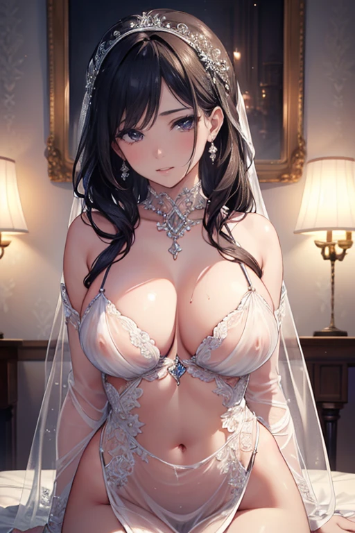 a beautiful woman, extremely detailed wet lips, high quality, photorealistic, 8k, professional photography, luxury makeup, flawless skin, elegant sexually expression, intricate details, delicate features, voluminous hips, wrapped in transparent tulle,