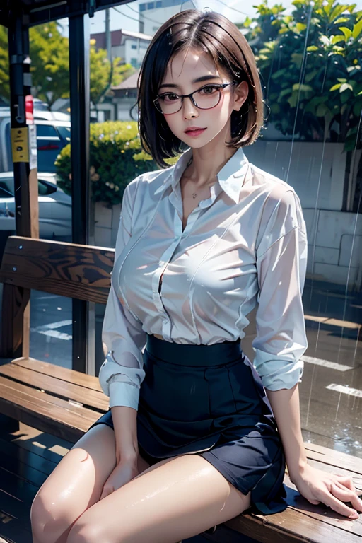 Realistic, High resolution, 1 female, Mature Woman, alone, Hip Up, Viewer Display, (Detailed face), (Short Bob)、(Glasses)、school uniform, mini skirt、Tight waist、Ample breasts、(Bare legs)、Sit on a bench、(Blouse wet in the rain)、(Girl in the rain)、bus stop、Rain、Dark Sky、(Dark Background)、(Navy Socks)